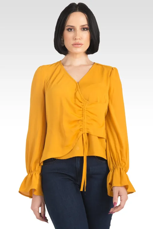Vera Solid Tie Front Flute Sleeve Blouse - Ginger made by Standards and Practices
