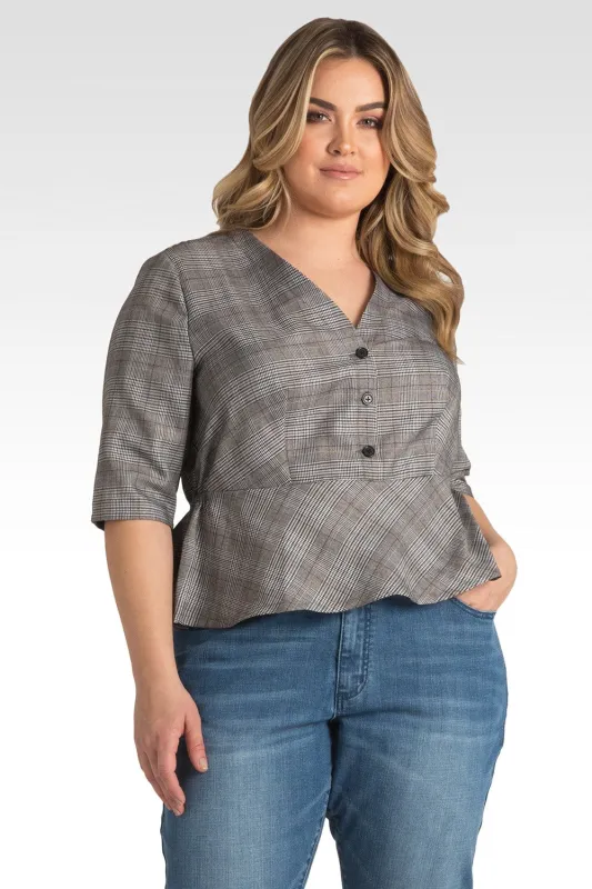 Plus Size Jemma Women's Black & White Plaid Peplum Top made by Standards and Practices