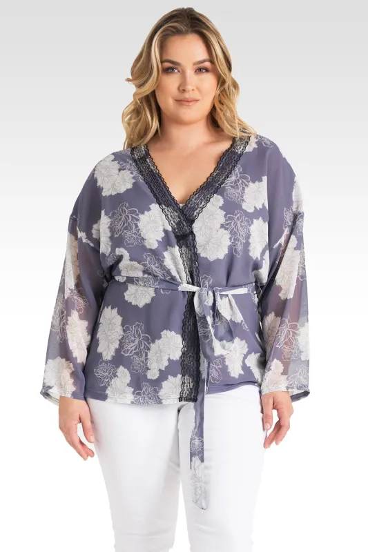 Plus Size Irna Floral Print Belted Kimono Cardigan Cover Up - Lavender sold by Standards and Practices