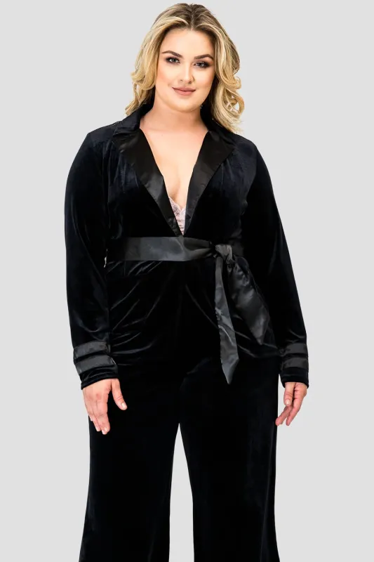 Plus Size Lottie Stretch Velvet Wrap Smoking Jacket With Satin Lapel And Satinbelt sold by Standards and Practices