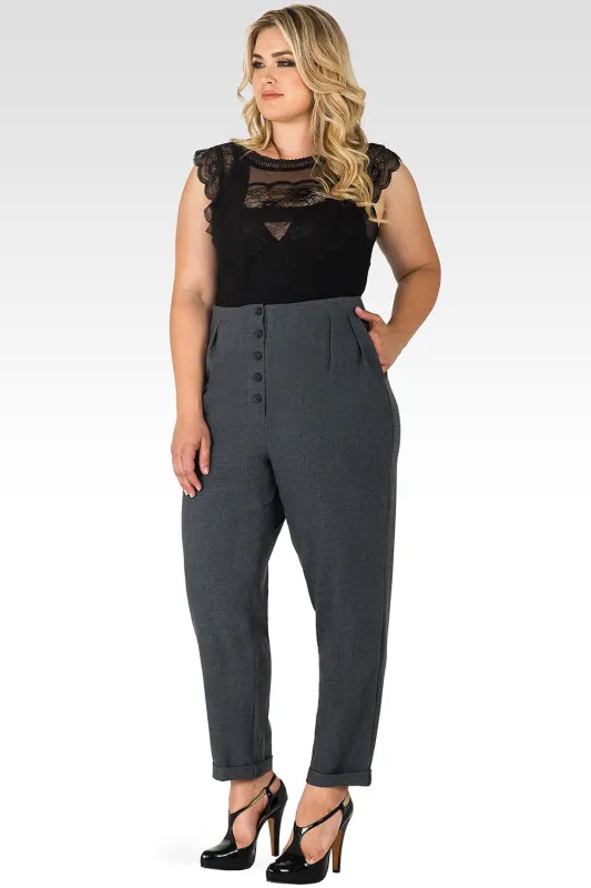 Plus Size Francine Charcoal Gray Hollywood Waist Cropped Button-Up Carrot Trouser Pants sold by Standards and Practices