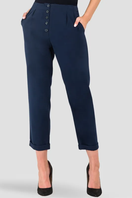 Francine Midnight Blue Hollywood Waist Cropped Button-Up Carrot Trouser Pants made by Standards and Practices