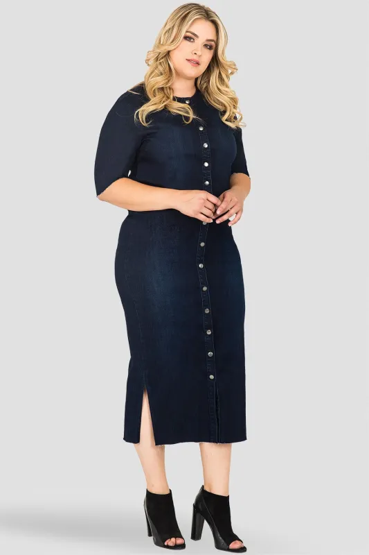 Plus Size Elanse Frayed Hem Snap Button Cropped Collarless Indigo Denim Jacket made by Standards and Practices