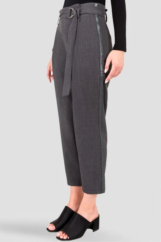 Marina Charcoal Gray Paper Bag Waist Suiting Pants - Vegan Leather Athletic Stripe made by Standards and Practices
