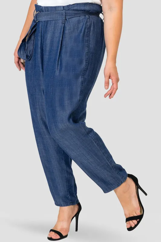 Plus Size Marina Paper Bag Waist Medium Blue Tencel Denim Peg Leg Pants D-Ring Belt made by Standards and Practices