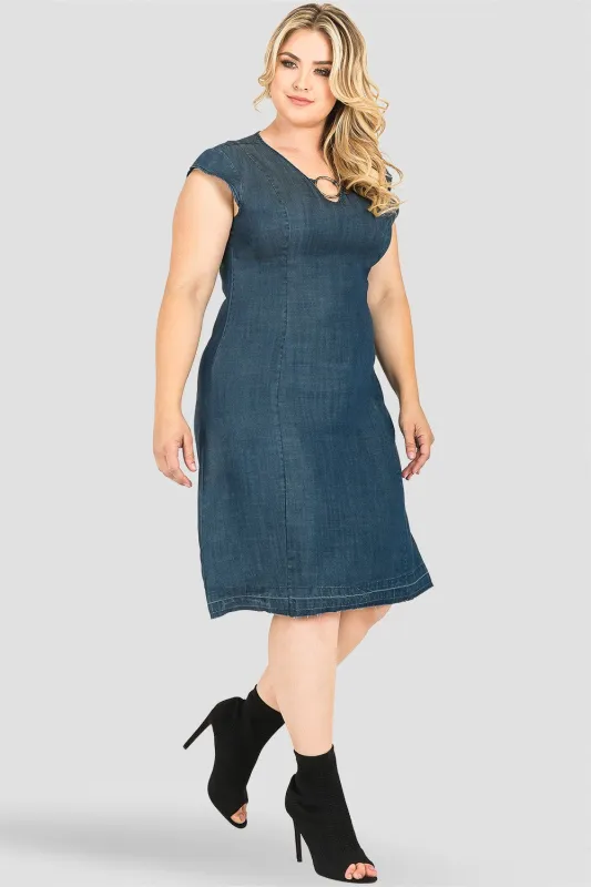Plus Size Belinda Cap-Sleeve O-Ring Denim Tencel Princess Line Sheath Dress sold by Standards and Practices