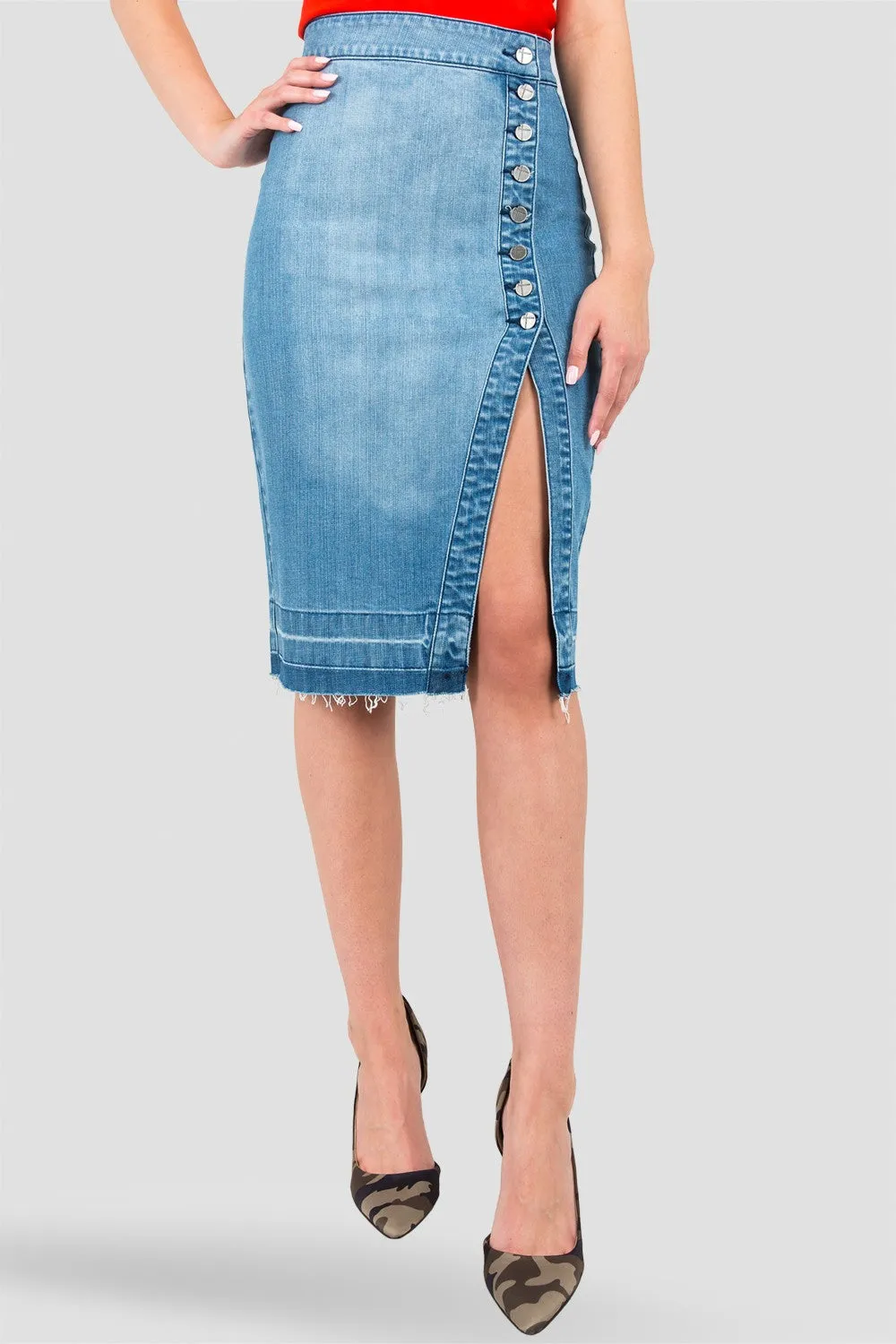Harley Button-Up Released Hem Denim Knee-Length Skirt sold by Standards and Practices