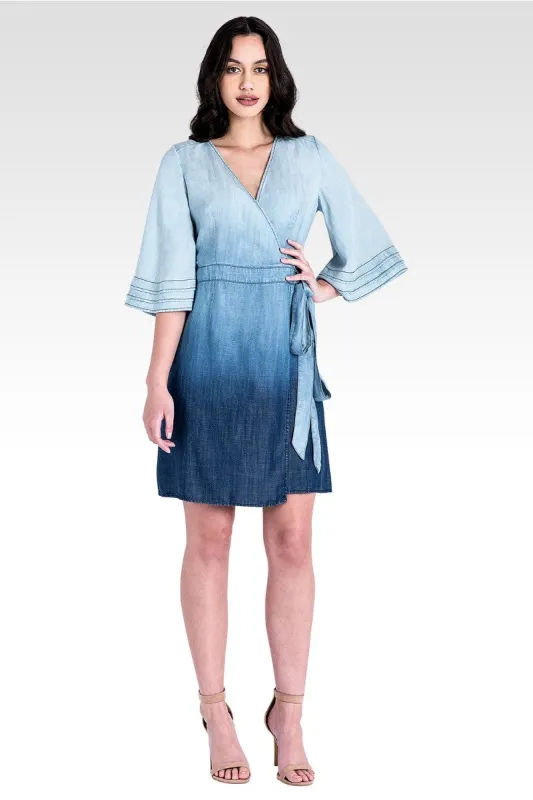 LuLu Tiered Ruffle Bell Sleeve Wrap Dress - Dip Dyed Ombre Tencel Denim sold by Standards and Practices