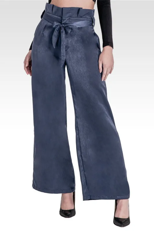 Sue Paper Bag Waist Palazzo Pants - Midnight Blue Washed Satin sold by Standards and Practices