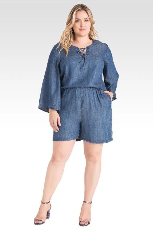 Plus Size Barbie Bell Sleeve Lace-Up Romper - Tencel Denim sold by Standards and Practices