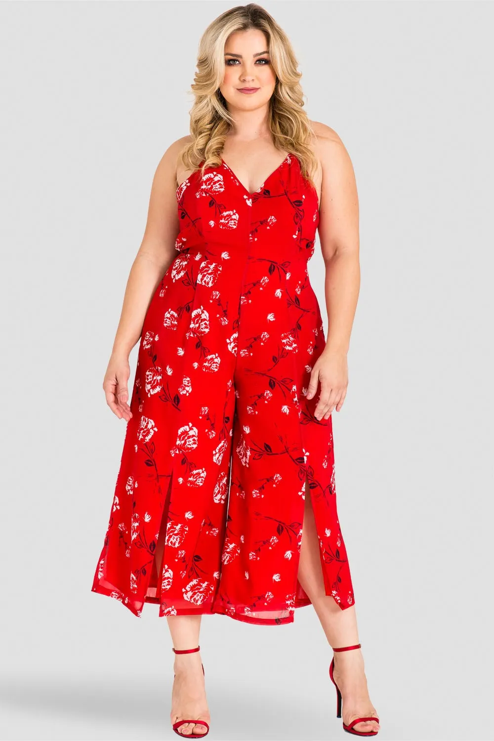 Plus Size Dianna Halter Capri Jumpsuit with Front Splits - Red Floral sold by Standards and Practices