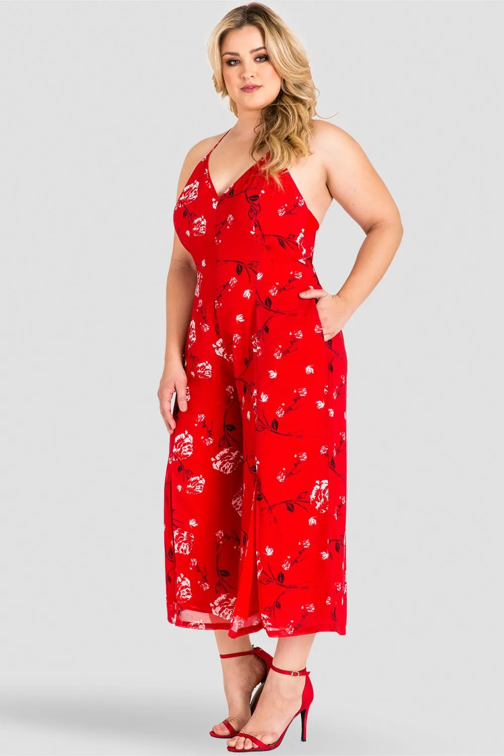 Plus Size Dianna Halter Capri Jumpsuit with Front Splits - Red Floral sold by Standards and Practices product image thumbnail 2