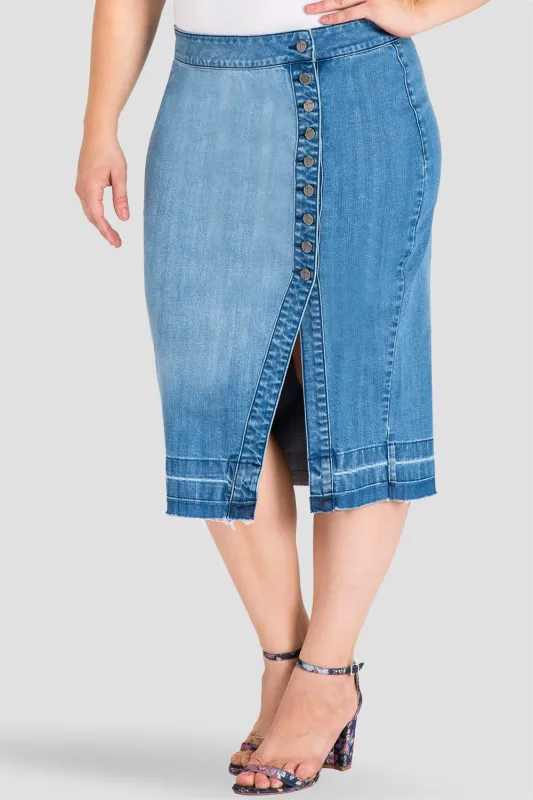 Plus Size Harley Button-Up Released Hem Denim Pencil Skirt sold by Standards and Practices