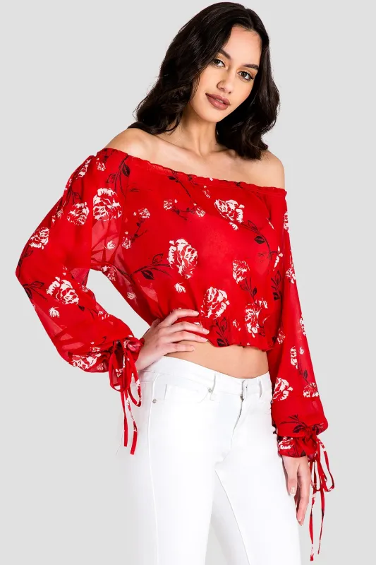Marina Off Shoulder Tie Sleeve Red Blouse made by Standards and Practices