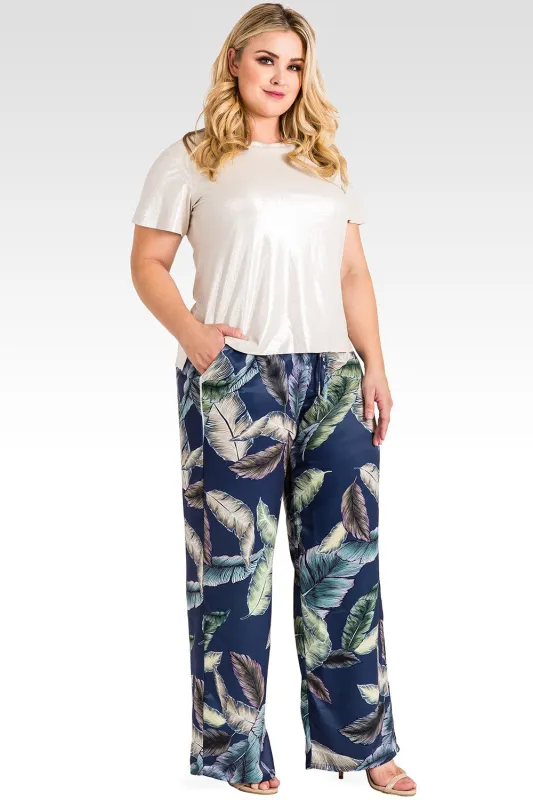 Plus Size Rada Washed Satin Drawstring Wide-Leg Pants -Tropical Leaf Print sold by Standards and Practices