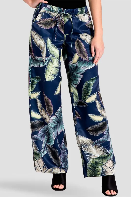 Rada Washed Satin Drawstring Wide-Leg Pants -Tropical Leaf Print sold by Standards and Practices