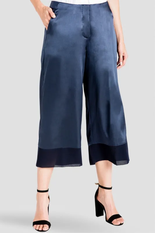 Morgan Midnight Blue Sateen and Chiffon Block Aline Crop Sateen Pants sold by Standards and Practices