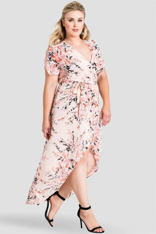 Plus Size Robin Short Sleeve V-Neck Peach Pink Floral Print Maxi Dress made by Standards and Practices