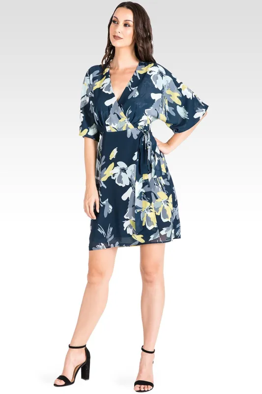 Candice Navy Floral Knee Length Kimono Chiffon Wrap Dress sold by Standards and Practices