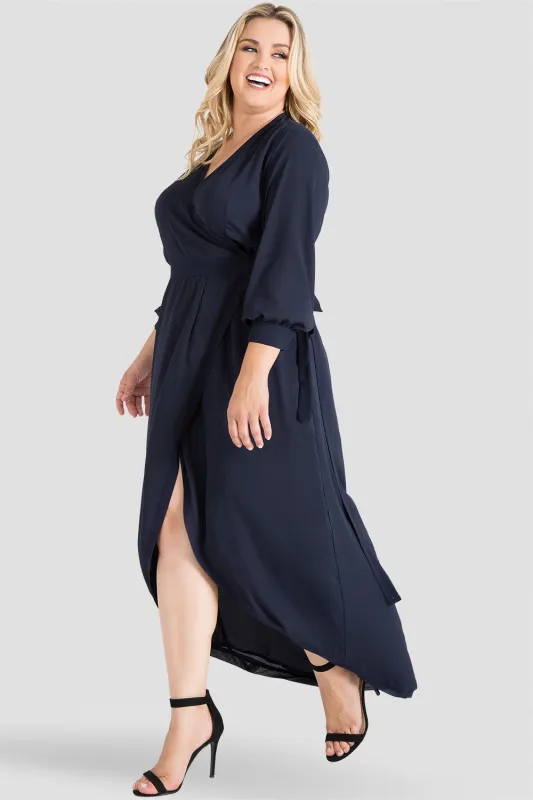Plus Size Elle Midnight Blue Print Tulip High Low Chiffon Wrap Dress sold by Standards and Practices