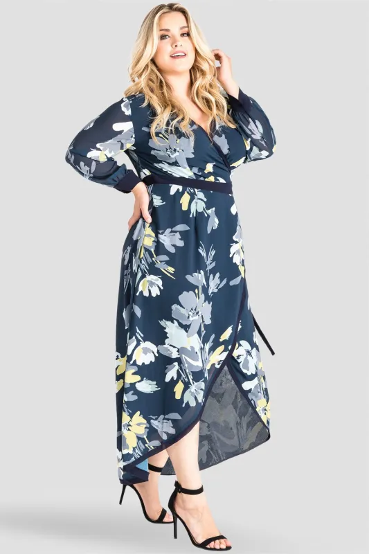 Elle Plus Size Navy Floral Print Tulip High Low Chiffon Wrap Dress made by Standards and Practices