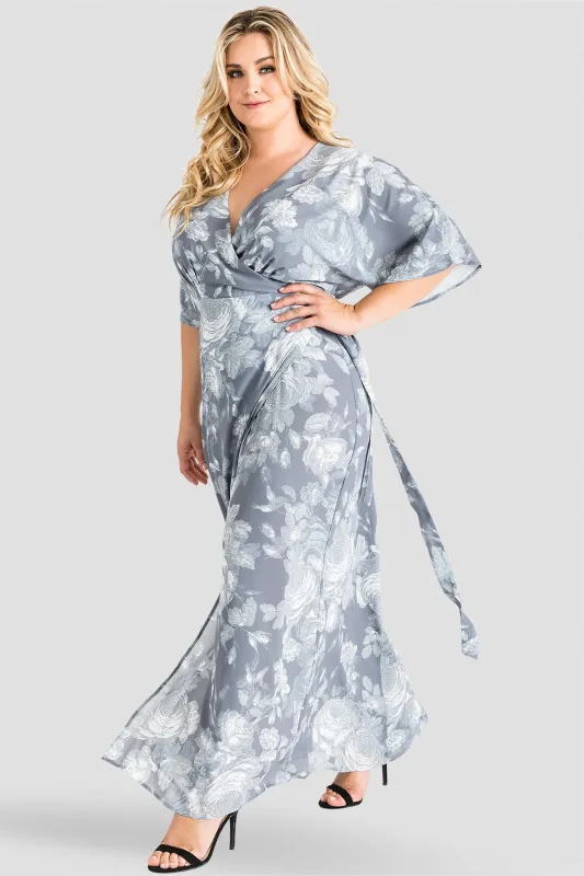 Plus Size Olivia Gray Floral Print Chiffon Kimono Wrap Maxi Dress made by Standards and Practices