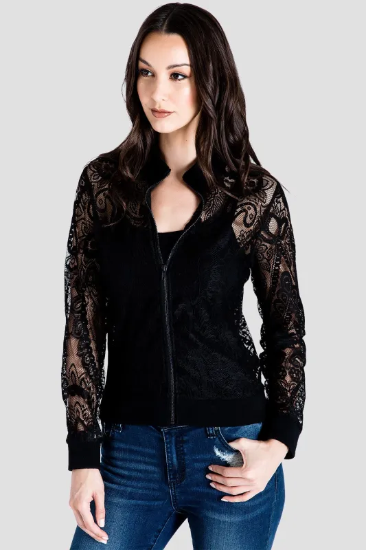 Aria Women’s Peek-A-Boo Black Lace Bomber Jacket made by Standards and Practices