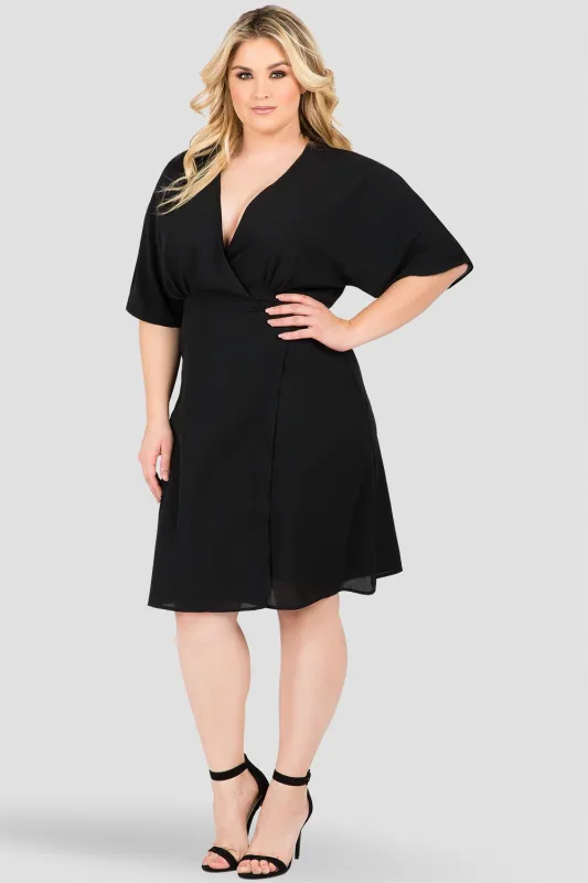 Plus Size Candice Black Sparkler V-Neck Knee Length Kimono Wrap Dress made by Standards and Practices