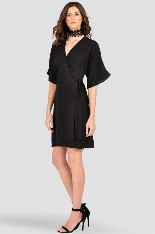 Candice V-Neck Black Kimono Wrap Dress Above The Knee Length made by Standards and Practices
