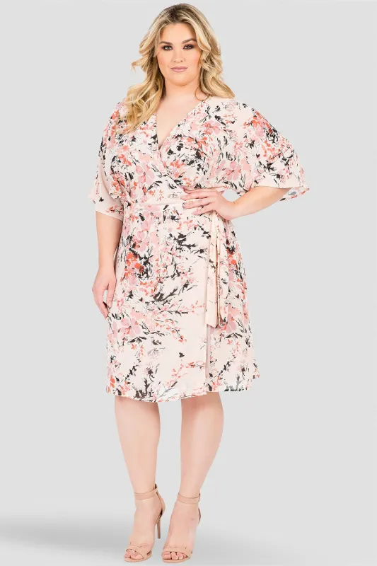 Plus Size Candice V-Neck Knee Length Kimono Wrap Dress Peach Pink Floral Print sold by Standards and Practices