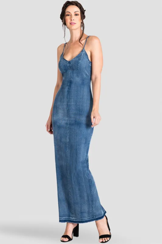 Percie V-Neck and V-Back Spaghetti Strap Maxi Dress Indigo Tencel Denim sold by Standards and Practices