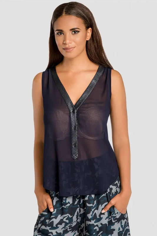 Maybel Woven Sleeveless Henley Top W Vegan Leather Trim sold by Standards and Practices