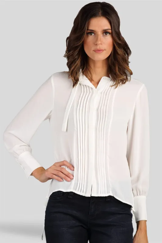 Trisha Mandarin Collar Tuxedo Front White Chiffon Blouse made by Standards and Practices