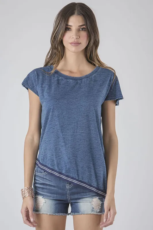 Thereasa Open Neck Asymmetrical Indigo Knit Top sold by Standards and Practices