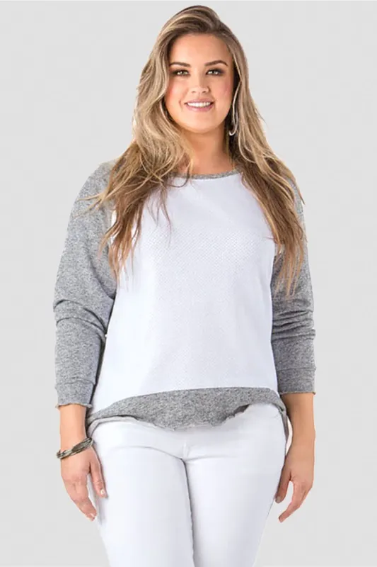 Plus Size Neesa Arm Patch French Terry Long Sleeve Mesh Top made by Standards and Practices