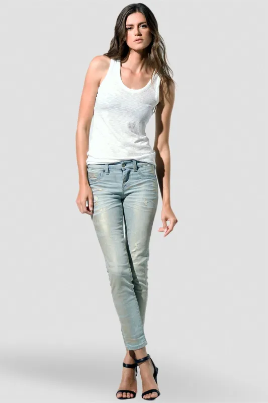Royce Metallic Foil Light Washed Skinny Ankle Jeans made by Standards and Practices