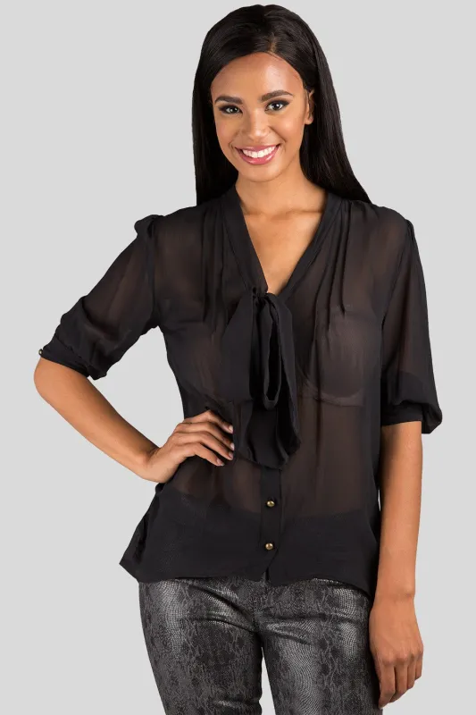 Adele Black Sheer Front Tie Neck Silk Blouse sold by Standards and Practices