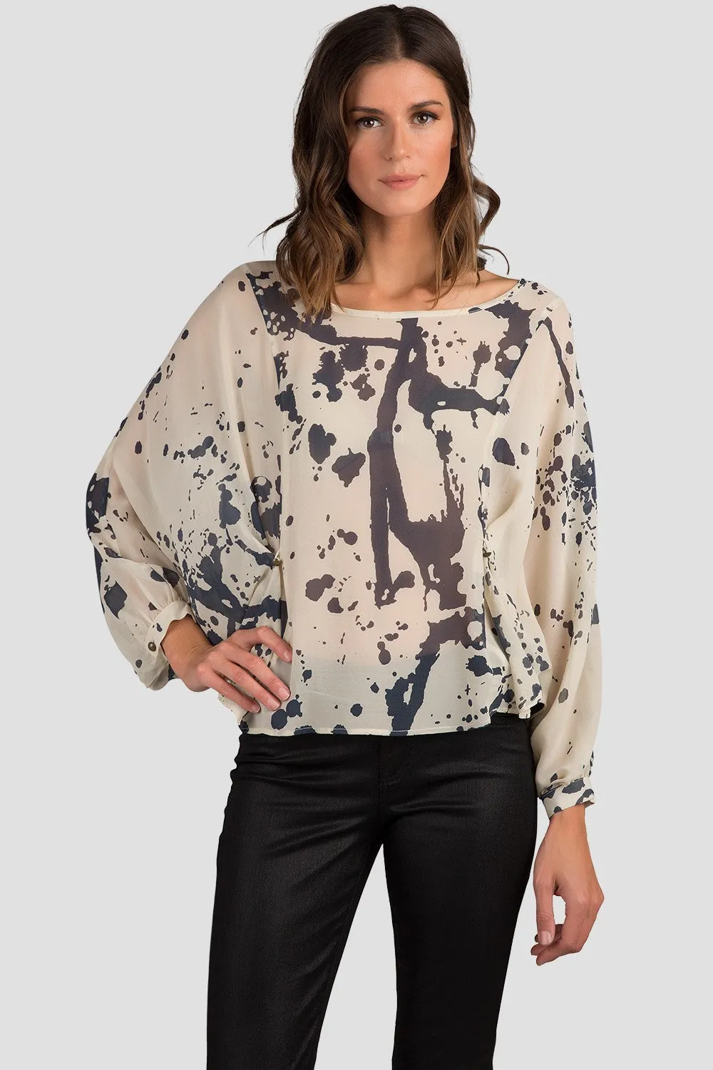 Greta Splatter Printed Bat Wing Silk Blouse sold by Standards and Practices