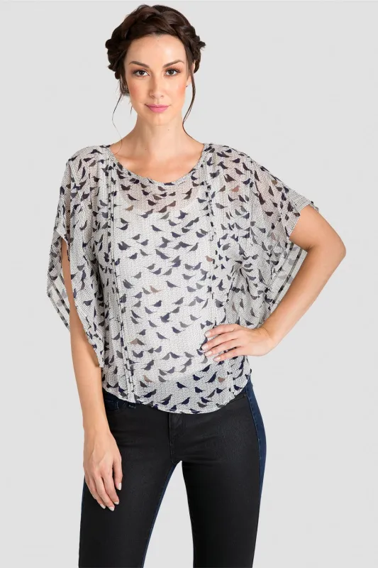 Ava The Birds Printed Pancho Style Beaded Top Silk Blouse sold by Standards and Practices