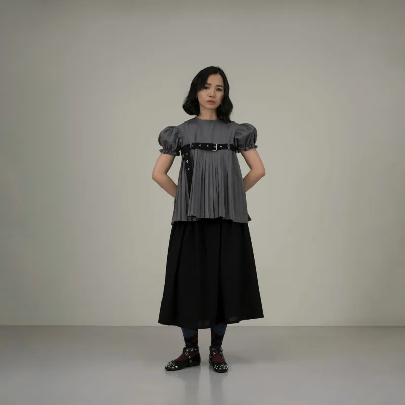 Belted Puff Pleated Top in Grey sold by Argyle and Oxford