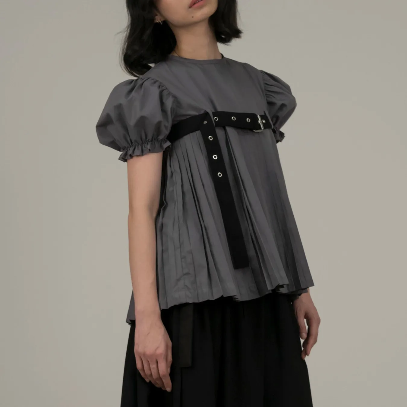 Belted Puff Pleated Top in Grey sold by Argyle and Oxford product image thumbnail 2