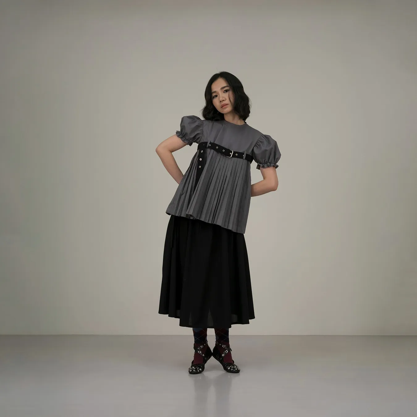 Belted Puff Pleated Top in Grey sold by Argyle and Oxford product image thumbnail 3
