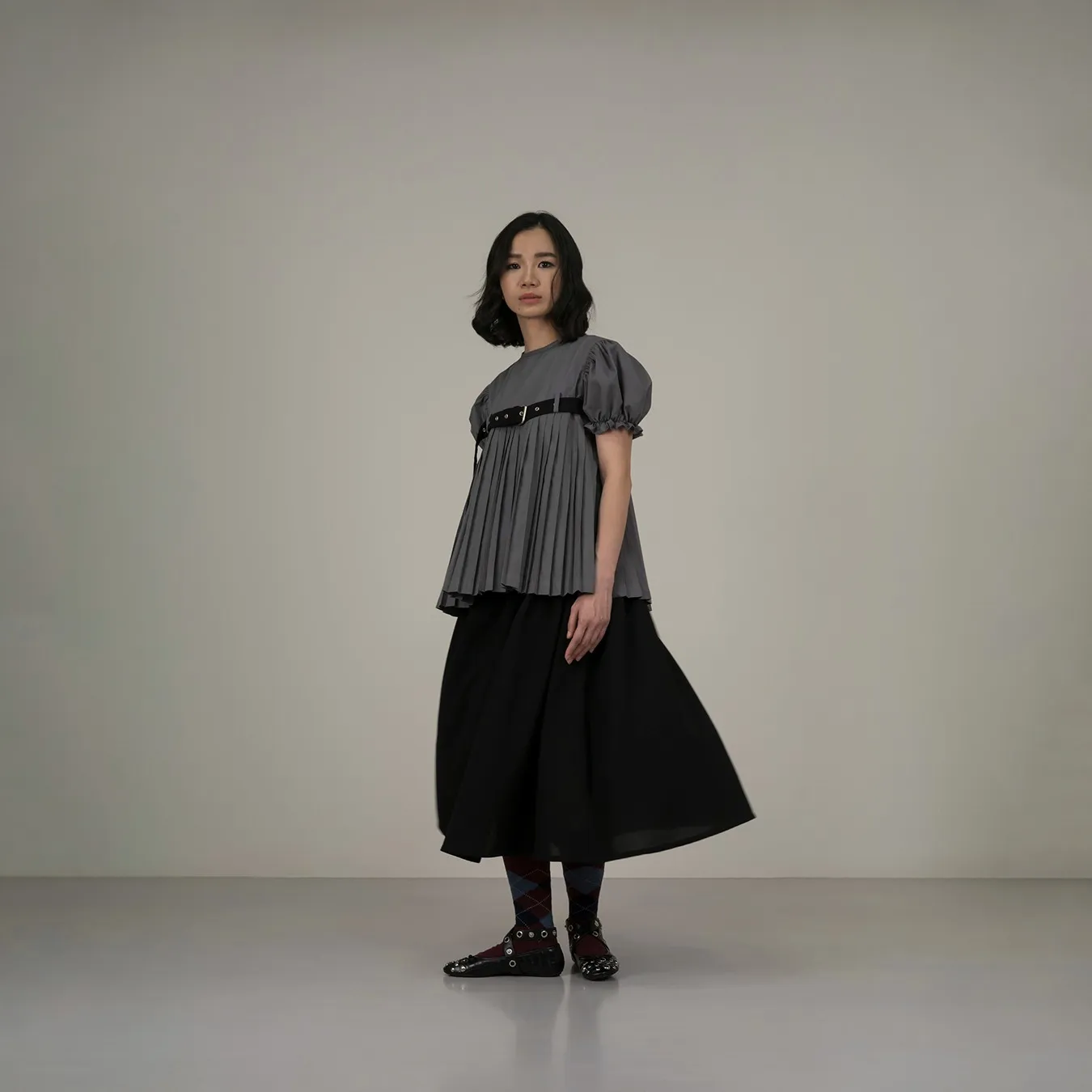 Belted Puff Pleated Top in Grey sold by Argyle and Oxford product image thumbnail 4