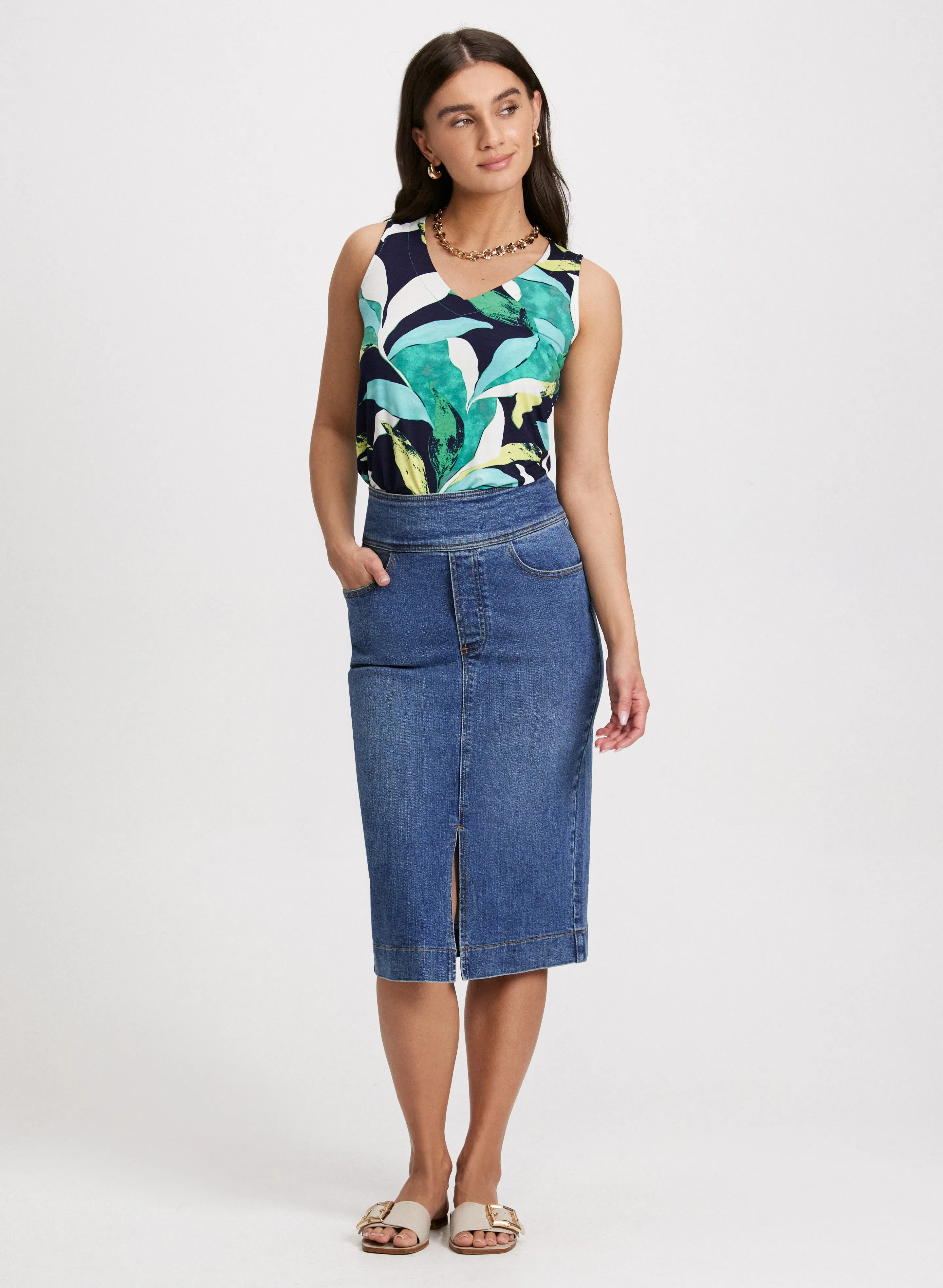 Tropical Print V-Neck Tank Top & Slit-Hem Denim Midi Skirt sold by Laura