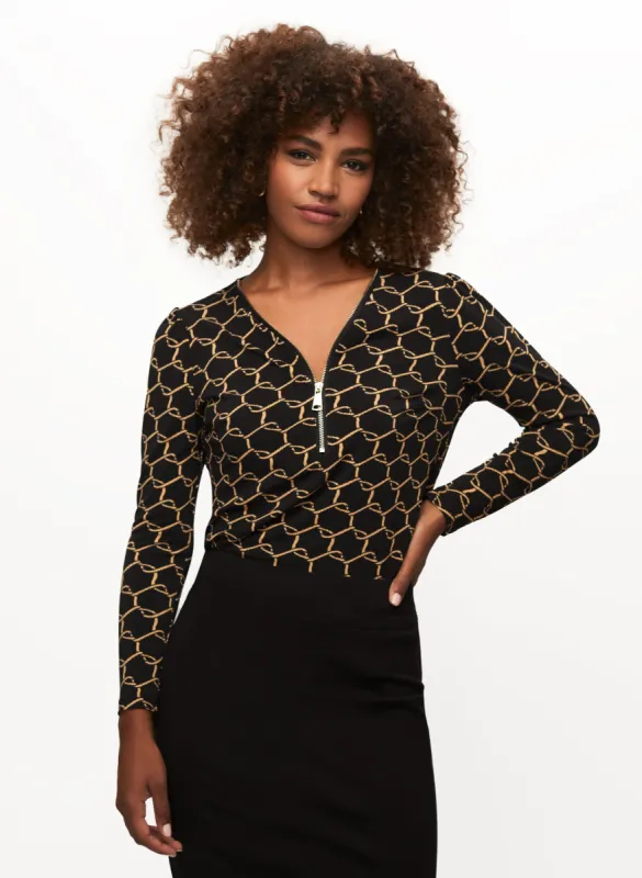 Geometric Print Zip Front Top sold by Laura