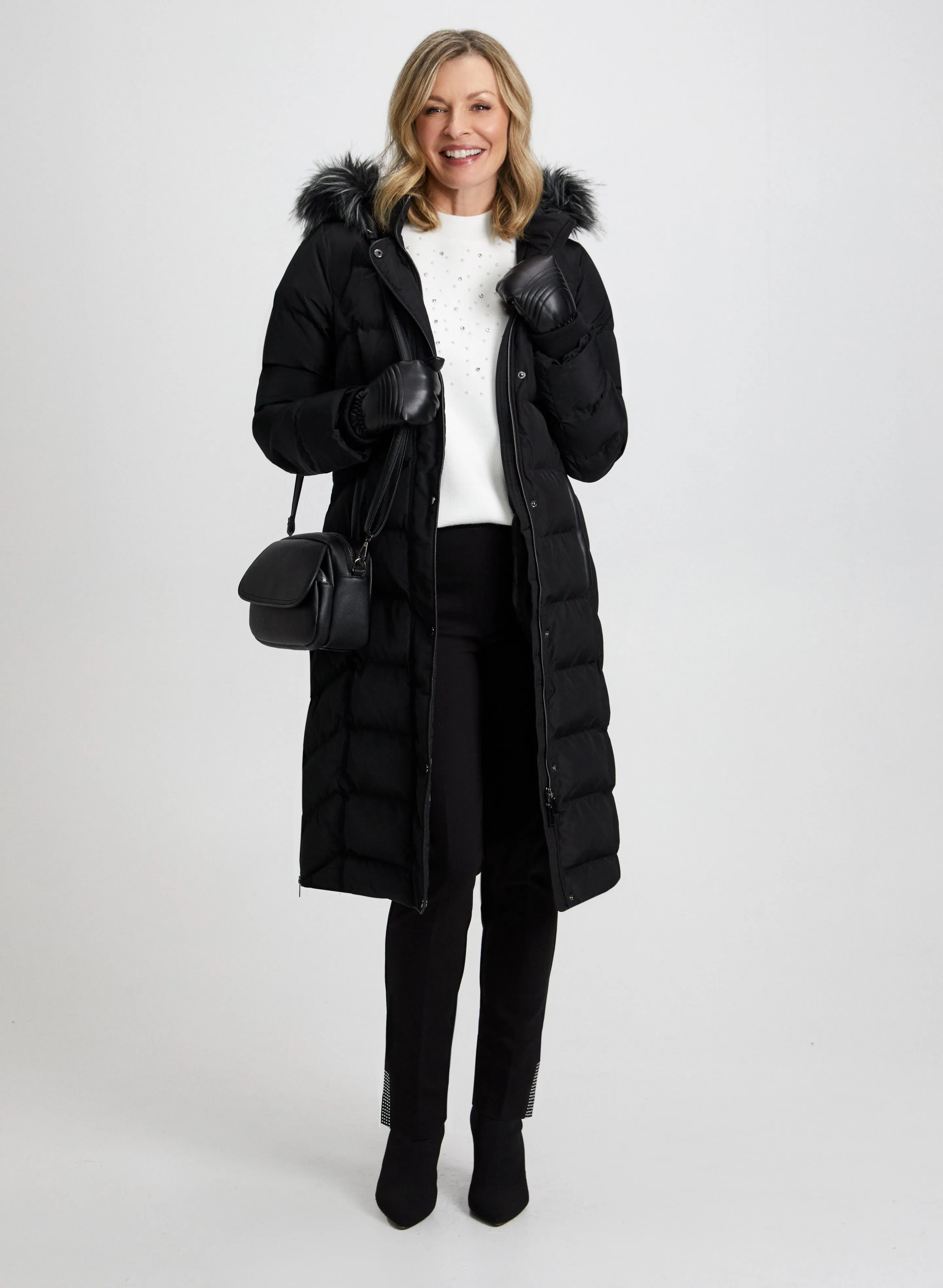 Quilted Coat, Pearl & Rhinestone Detail Sweater & Pants sold by Laura