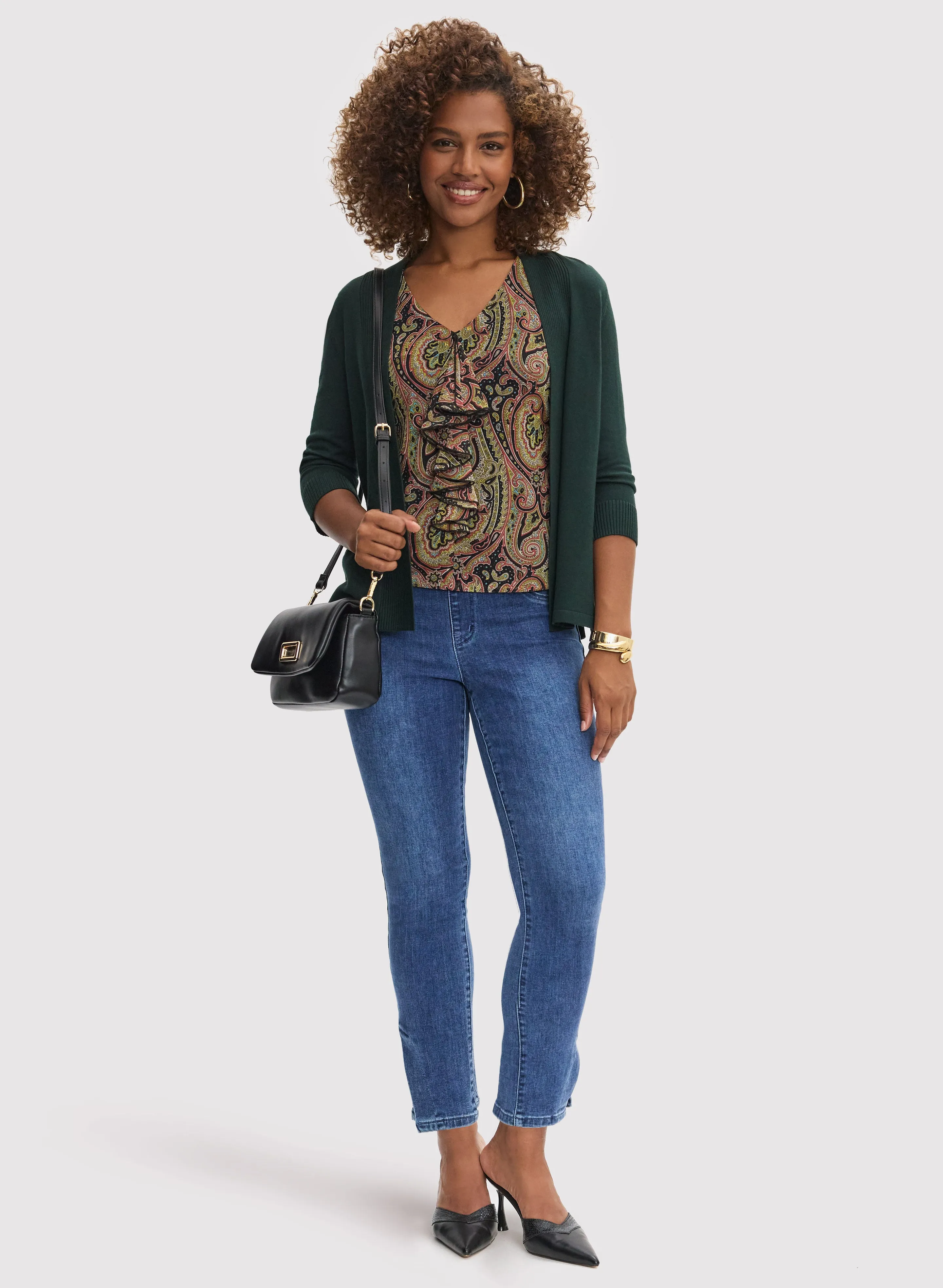 Pointelle Stitch Cardigan & Rhinestone Detail Jeans sold by Laura