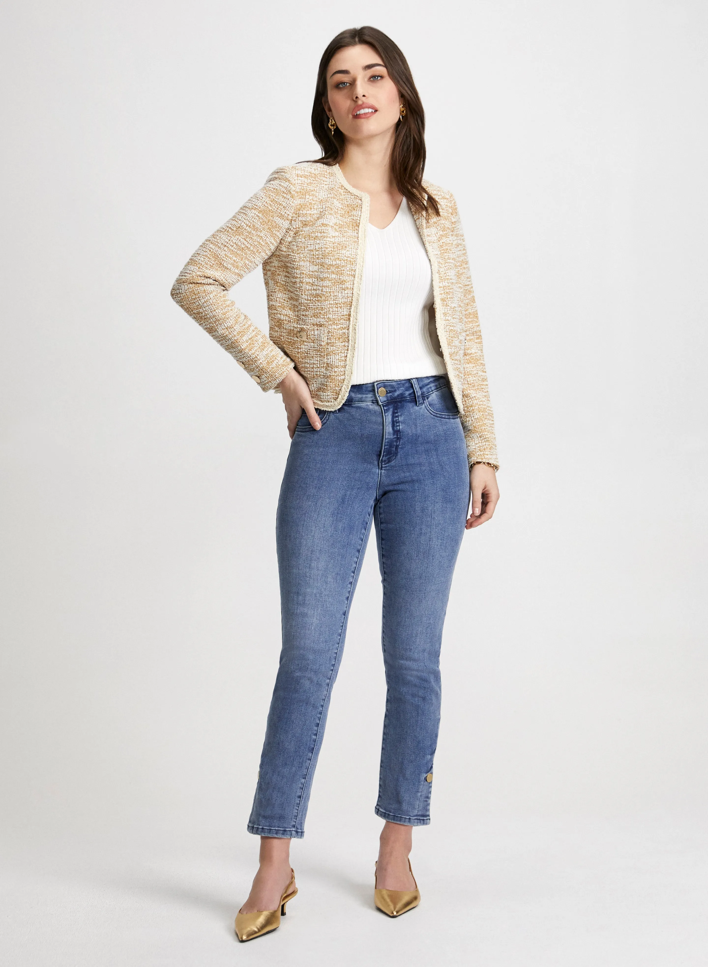 Collarless Bouclé Jacket & Button Hem Jeans sold by Laura