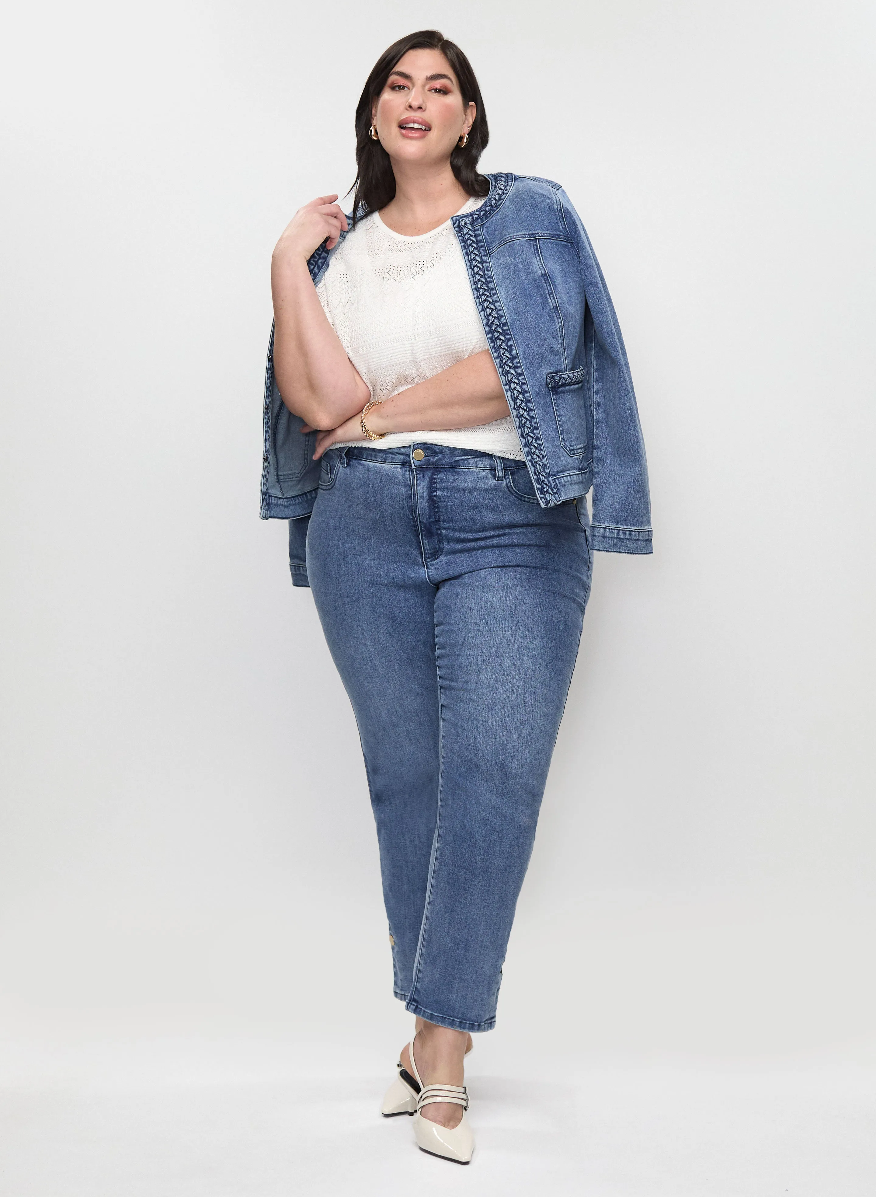 Short Crew-Neck Denim Jacket & Straight Leg Jeans sold by Laura