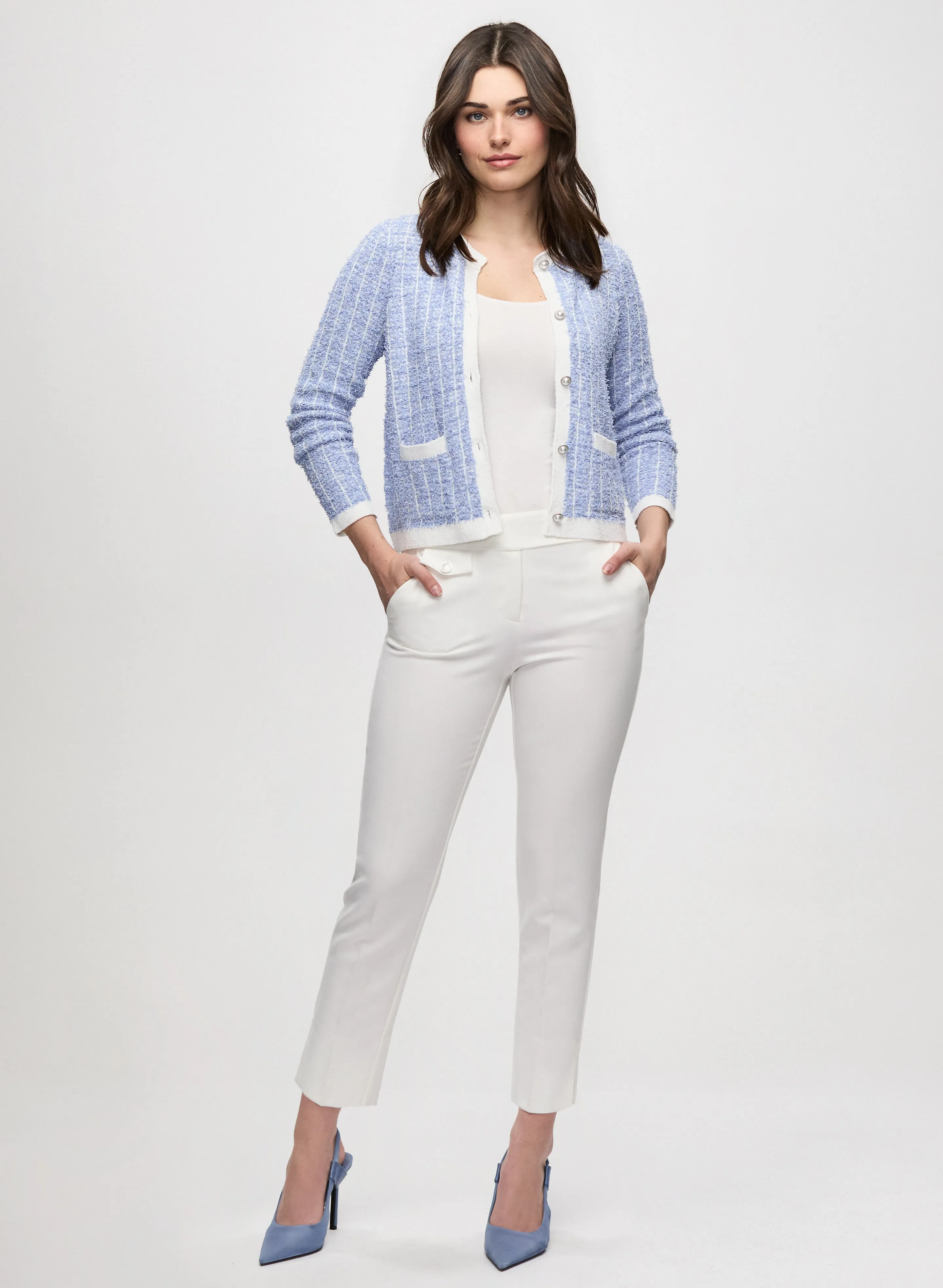 Short Bouclé Cardigan & Slim Leg Ankle Pants sold by Laura